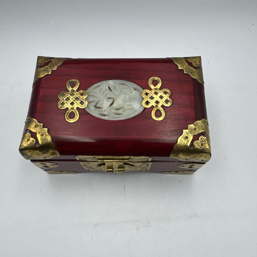 Vintage Chinese Rosewood Jewelry Box Jade Inlay Brass & Silk Accents